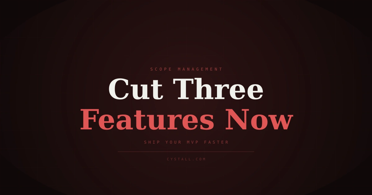 Minimalist design showing three red X marks over feature icons on a blue-to-black gradient background, with "CUT SCOPE NOW" text in the center