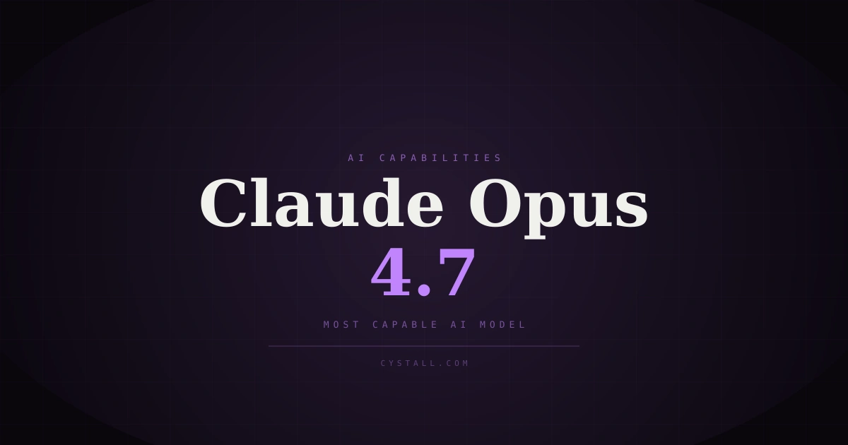 A deep purple and violet gradient background with subtle grid pattern and glowing radial effect, displaying bold serif text "Claude Opus" in white and "4.7" in violet, with monospace labels indicating cutting-edge AI development capabilities