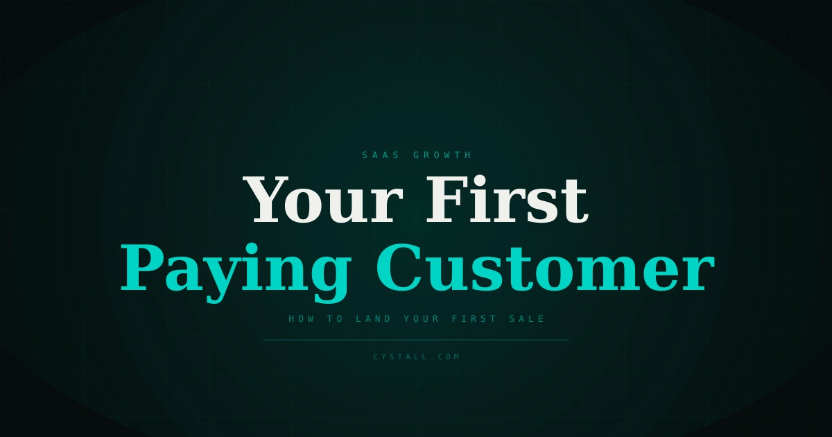 Abstract gradient background in teal and lime with a centered title layout reading "How to Get Your First Paying Customer" with grid pattern and glowing radial effect
