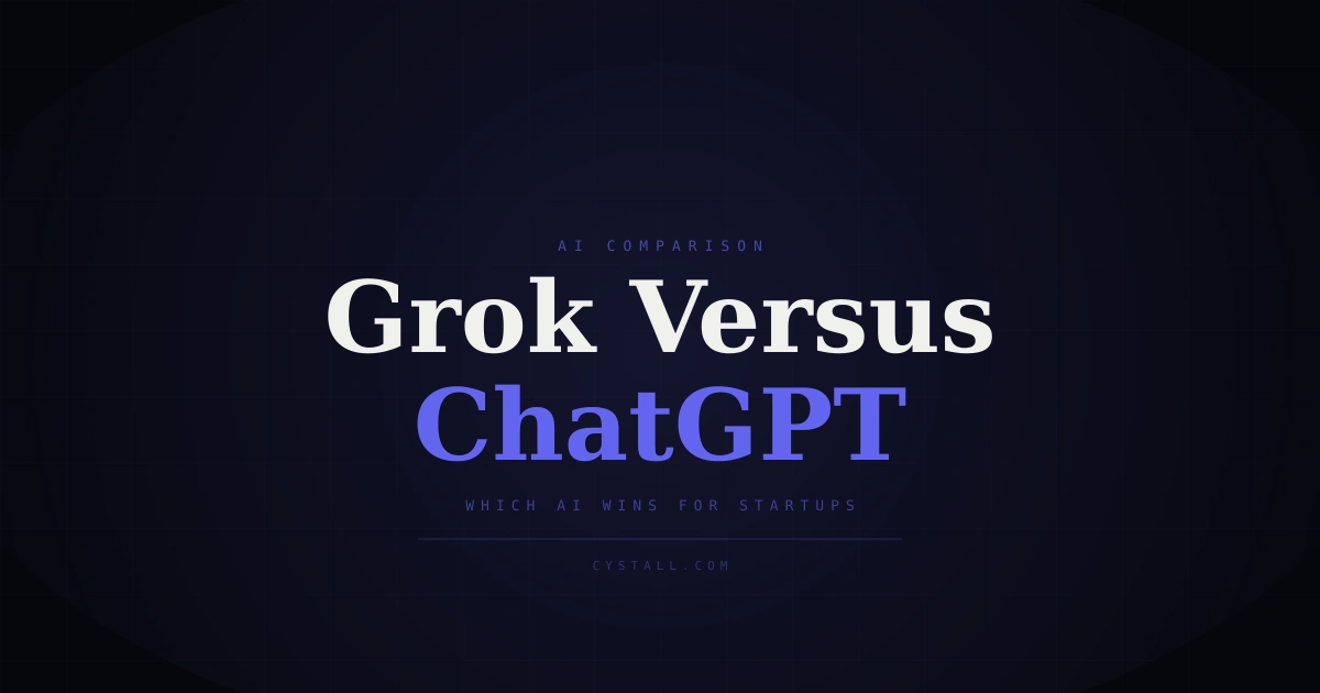 Split-screen comparison of Grok 3 and ChatGPT logos with abstract code patterns and startup metrics in the background