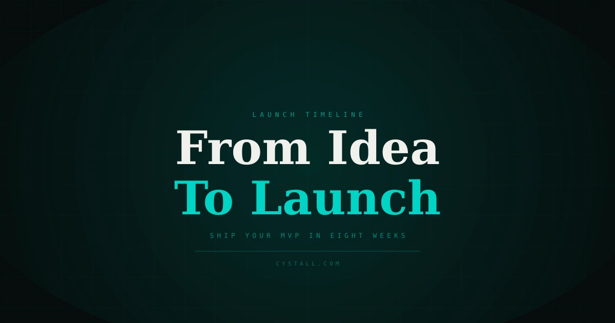 Dark gradient background with accent grid pattern, featuring bold serif typography reading "From Idea" on first line and "To Launch" on second line in teal accent color, with monospace labels and a centered composition on a 1200x630 canvas.