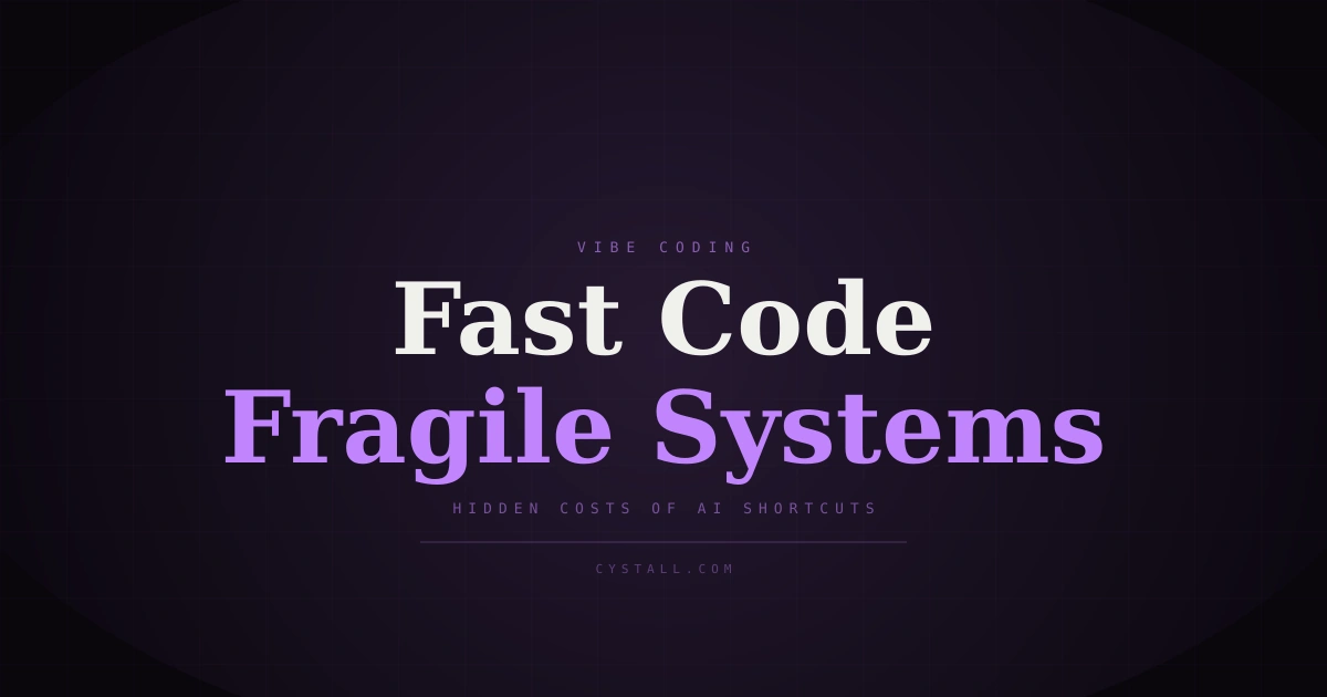 Visualization of tangled, broken code lines representing vibe-coded software failing under production load, with fractures spreading across the design.