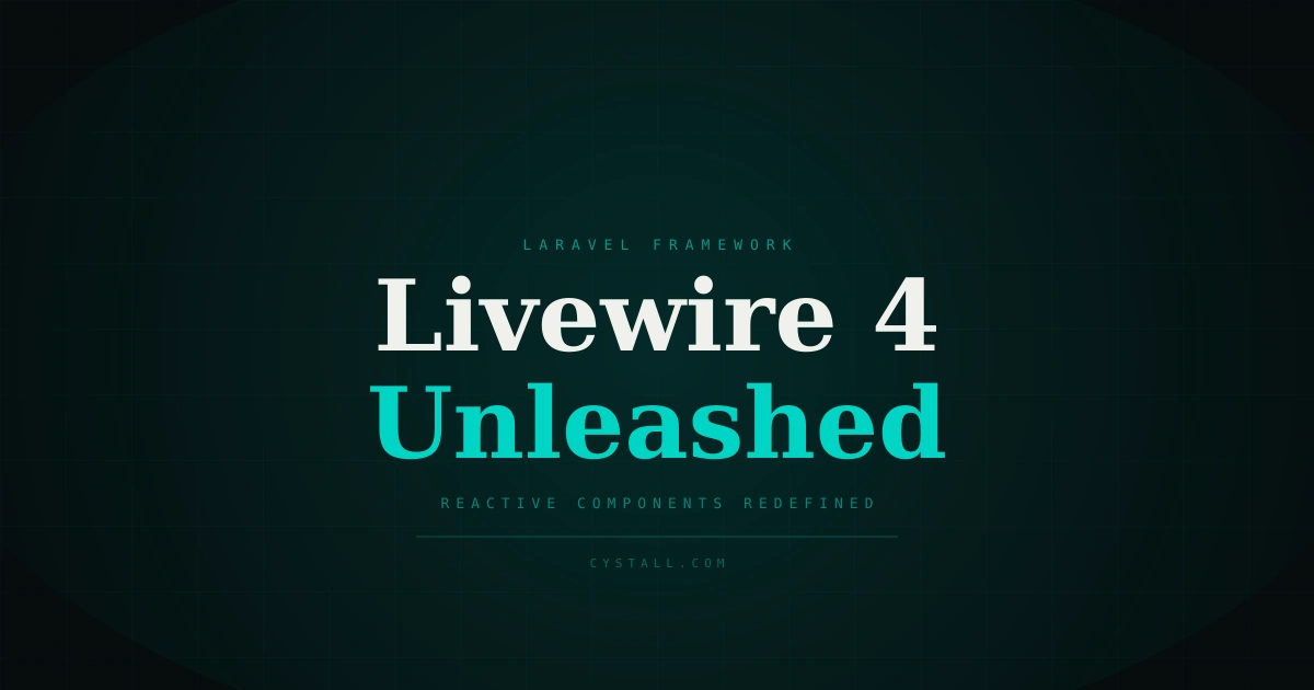 Dark background with cyan and teal gradient. Bold typography displaying "Livewire 4" in two lines with supporting text about reactive properties and faster rendering.