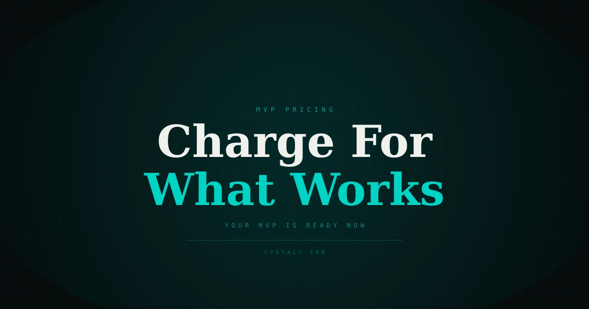 Minimalist design with bold typography asking "Is Your MVP Too Small to Charge For?" - teal and deep blue color scheme with subtle grid background