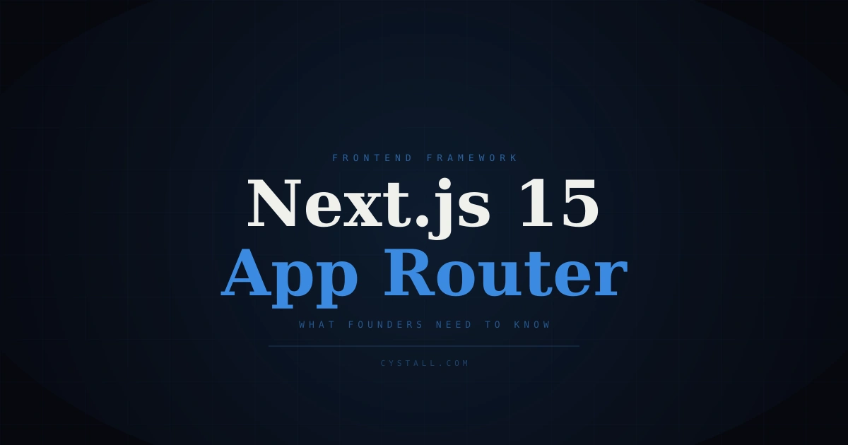 Minimalist design showing "Next.js 15" and "App Router" with gradient accent lines and grid pattern background.