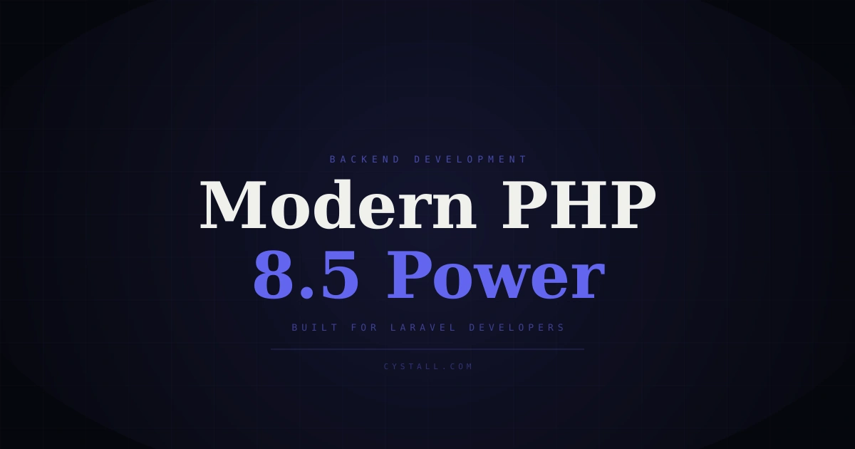 Abstract gradient background with "PHP 8.5" and "New Features" text, accent colors representing modern development.