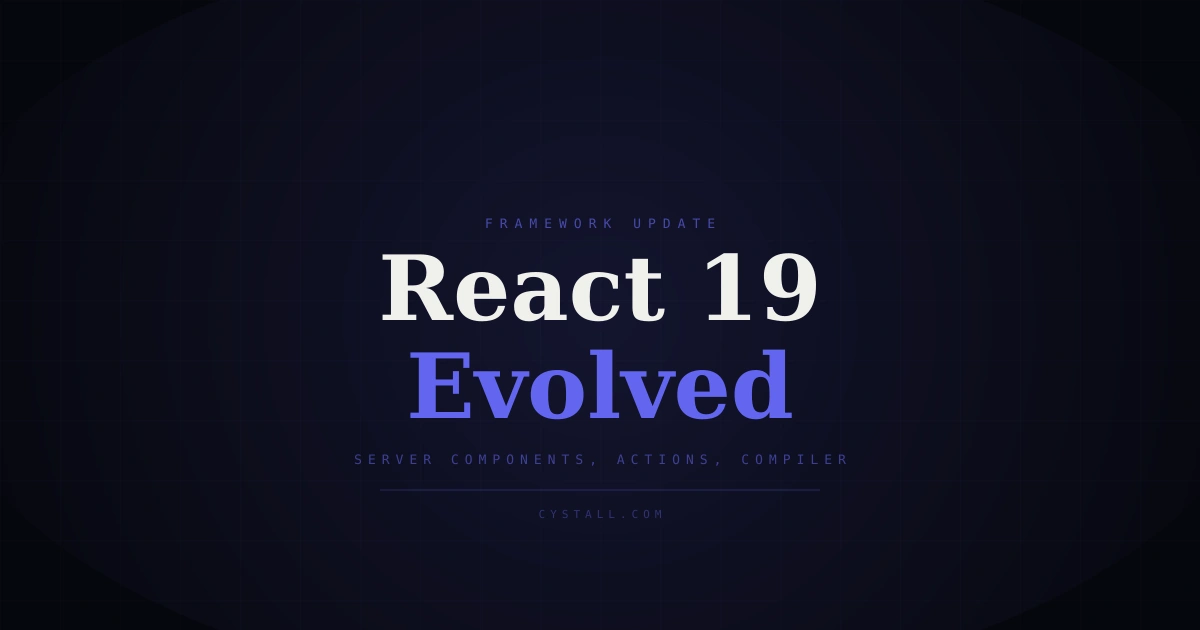 Modern developer workspace showing React 19 code with server components and actions highlighted, featuring a clean interface with code editor and real-time feedback dashboard.
