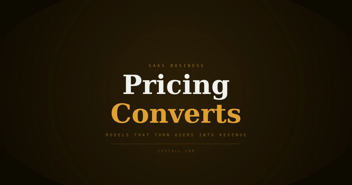 Blog cover: bold typography reading "SaaS Pricing Models That Actually Convert" in serif font with accent color, gridded background, glowing radial gradient, monospace labels.