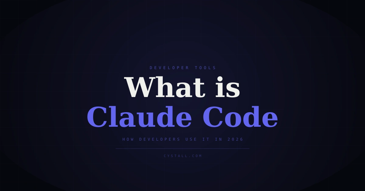 Dark background with cyan glow effect. Large serif text reads "What is Claude Code" in white with "Developers Use It" in teal. Subtle grid pattern overlay. Cystall.com at bottom.