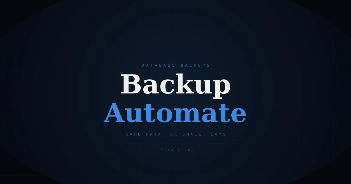 Dark cover image about automated database backups for a startup with a clean grid and bold headline.