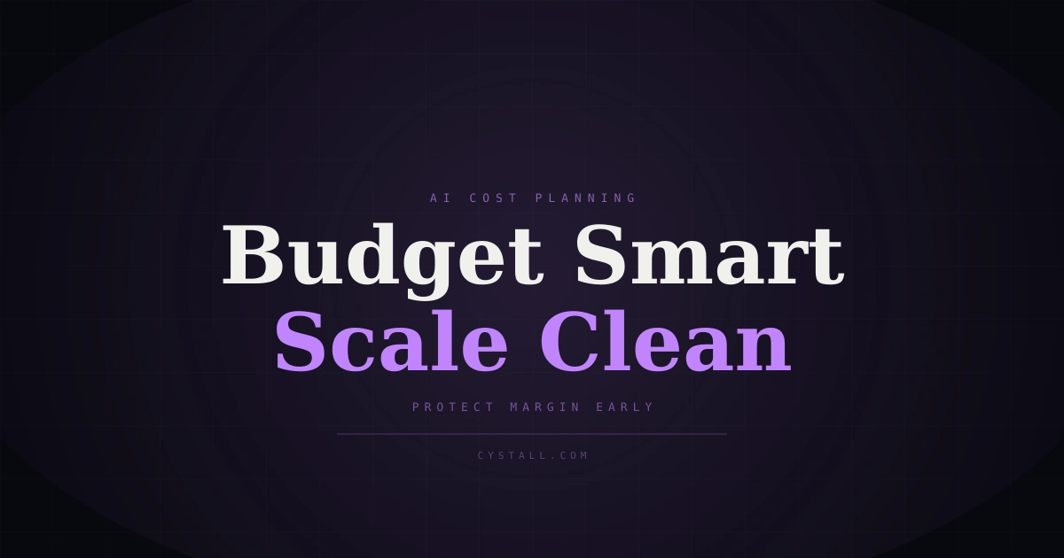 Dark SaaS blog cover about budgeting AI costs for founders, with a bold title and subtle grid glow.