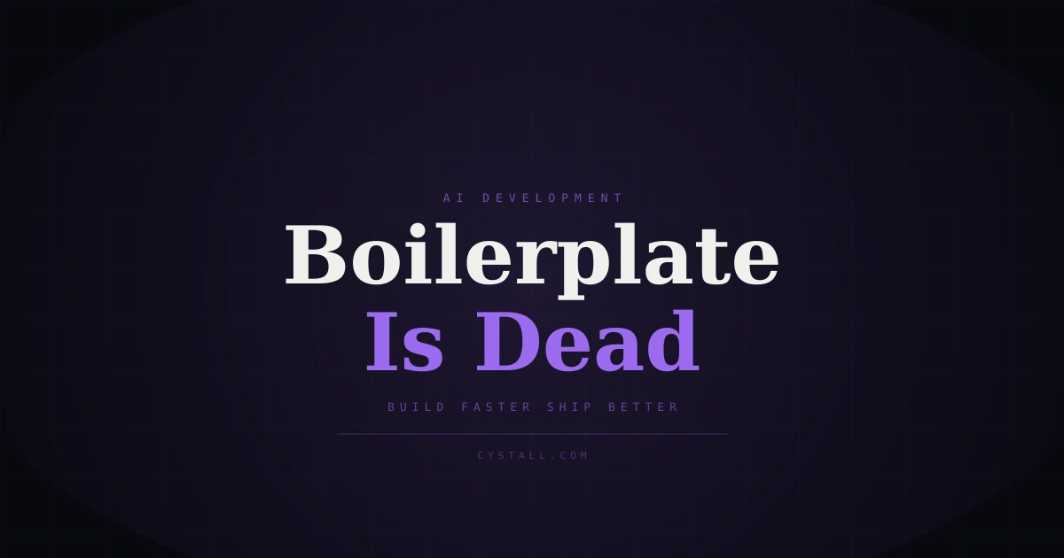 A dark futuristic cover image about the death of boilerplate in MVP development, with bold title text and glowing AI-themed accents.