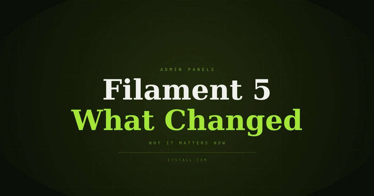 A modern cover image about Filament 5 changes for admin panels with bold typography on a dark abstract background
