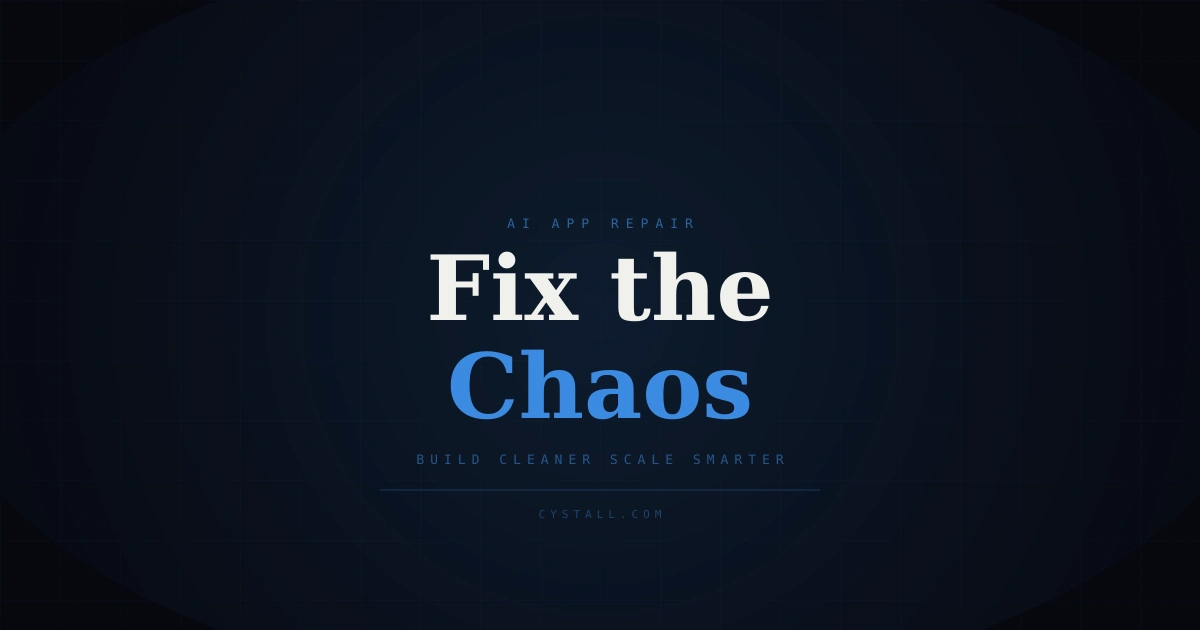 Dark cover image with neon blue text about fixing and scaling an app built entirely by AI