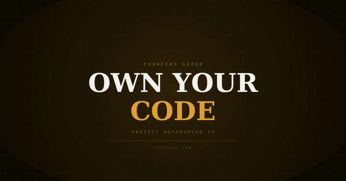 Dark editorial cover about intellectual property when outsourcing development, with bold title text and a technical, professional feel