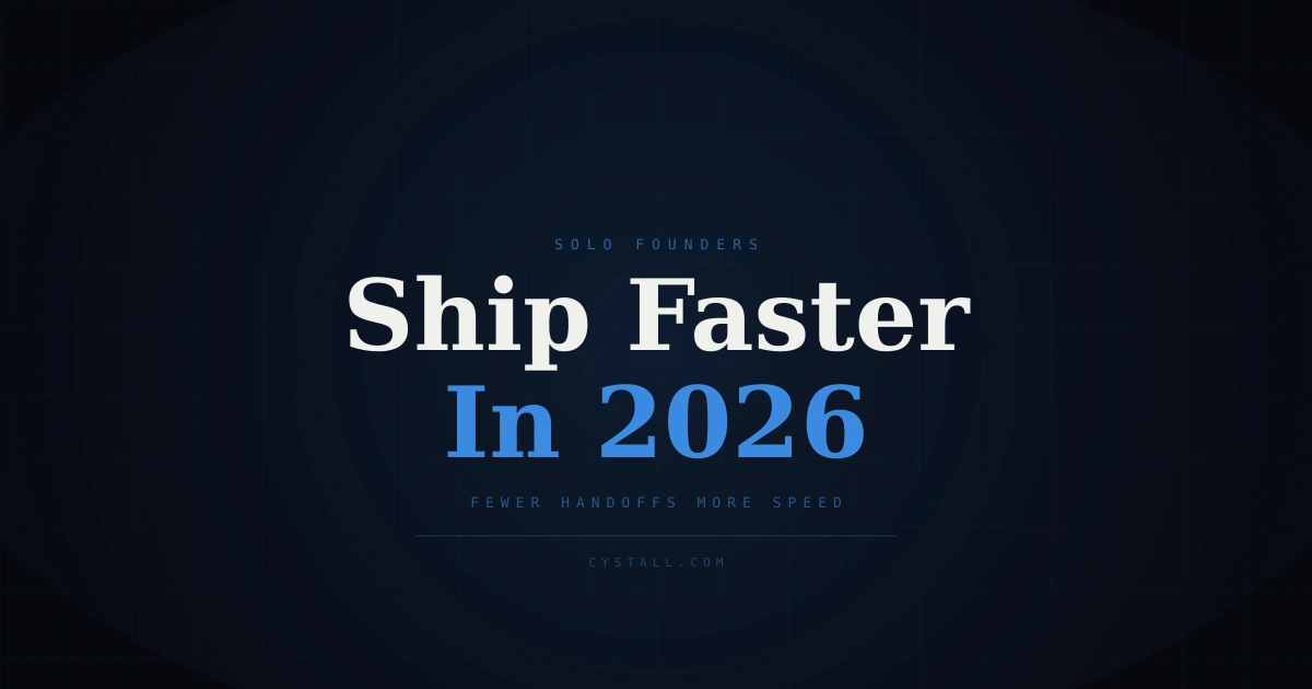 A dark editorial cover image about solo founders shipping faster in 2026, with bold typography and a modern tech style